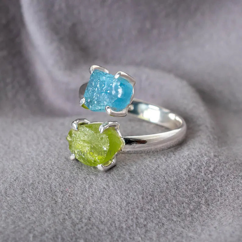 Raw Aquamarine Ring, Peridot Ring, Adjustable Sterling Silver Ring, Boho Birthstone Jewelry, Handmade Ring, March August Birthstone Gift