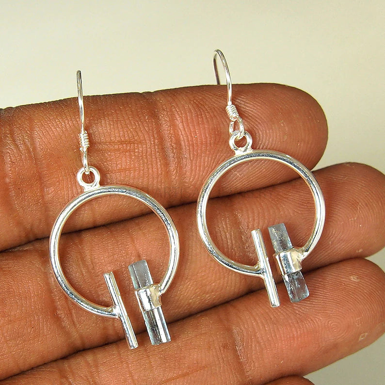 Raw Aquamarine Sterling Silver Dangle Earrings: Handmade Gemstone Jewelry