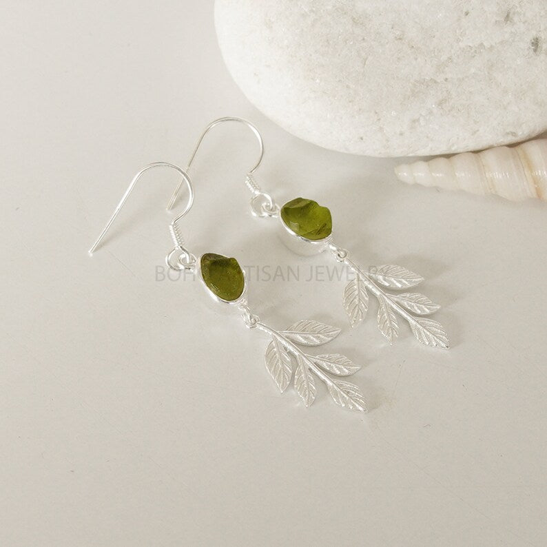 Raw Peridot Leaf Earrings: Handmade 925 Sterling Silver Dangle