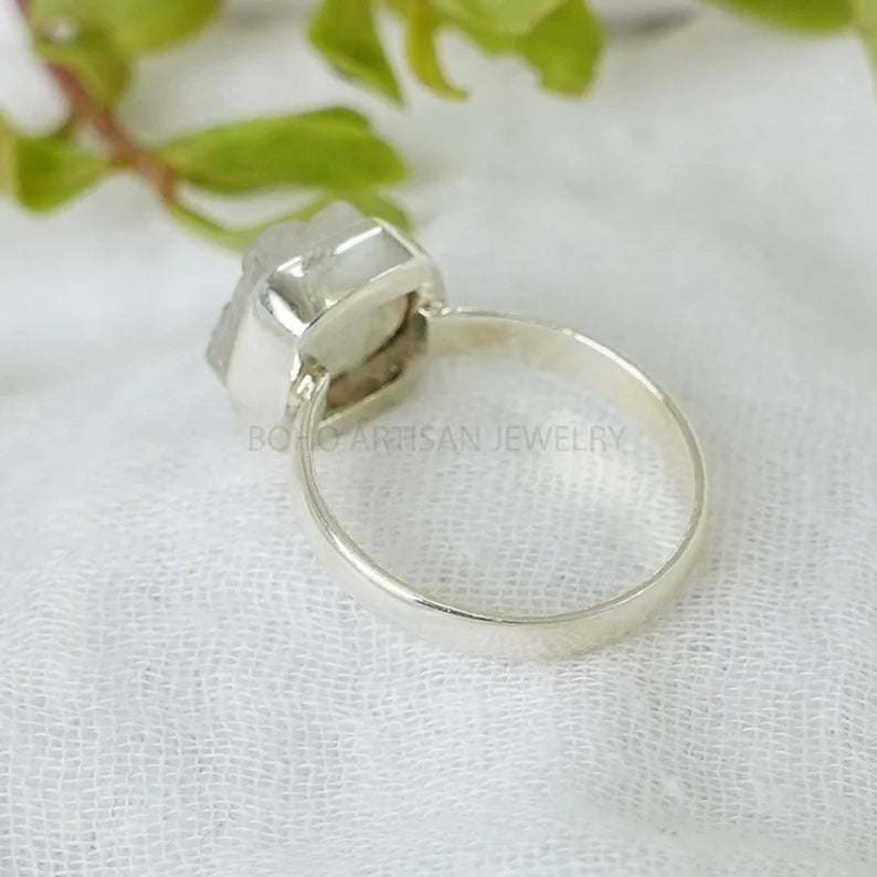 RAW Moonstone Ring, Crystal Stone Silver Jewelry, RHODIUM over Silver, Blue Fire Moonstone, Rough Stone, July Birthstone, Bestseller