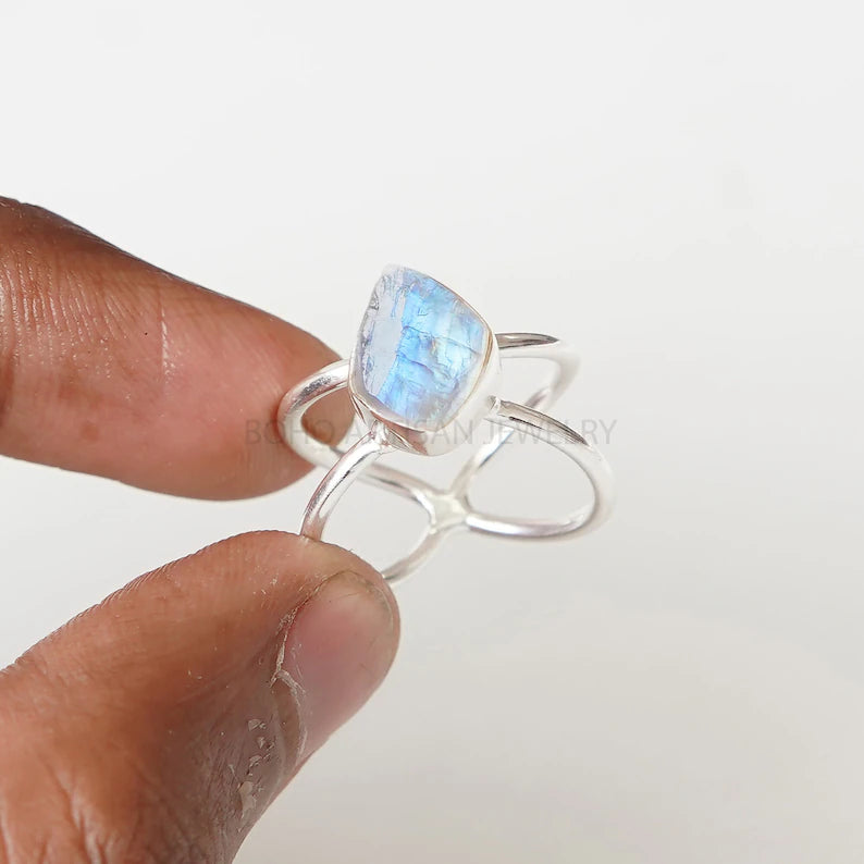 Handmade Sterling Silver Moonstone Ring: Criss Cross Boho Jewelry