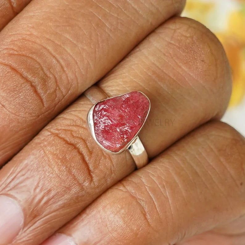 Raw Rhodonite Ring: Sterling Silver Boho Jewelry