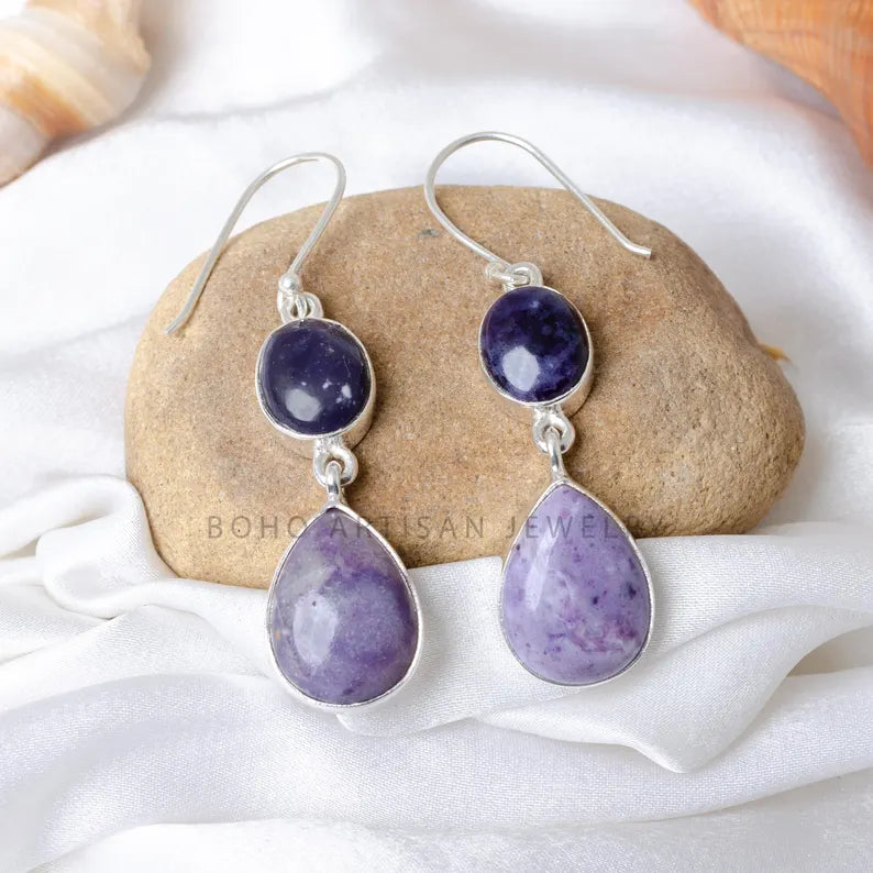 Tiffany Jasper Earrings, Two-Stone Dangle Earrings, Handmade Crystal Earrings, Purple Stone Jewelry, Healing Crystal Jewelry, Gift For Her