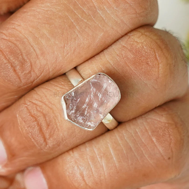 Raw Rose Quartz Ring: Sterling Silver Boho Ring, Healing Crystal