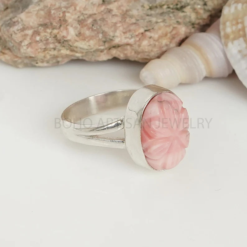 Raw Pink Opal Ring: Sterling Silver Boho Stacking Ring