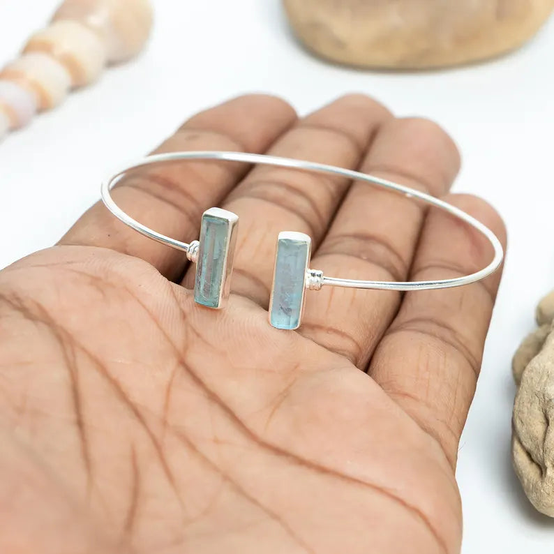 Raw Aquamarine Bar Bracelet, Aquamarine Stick Bangle Bracelet, Handmade Silver Jewelry, Adjustable Bracelet, March Birthstone, Gift For Her