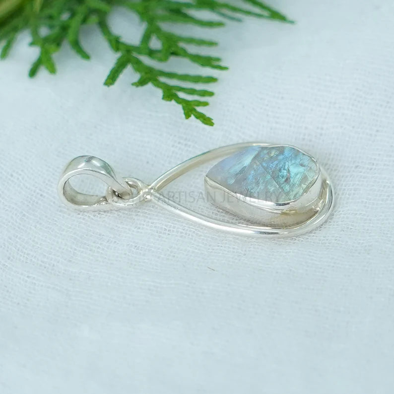 Raw Rainbow Moonstone Pendant: Sterling Silver Boho Necklace