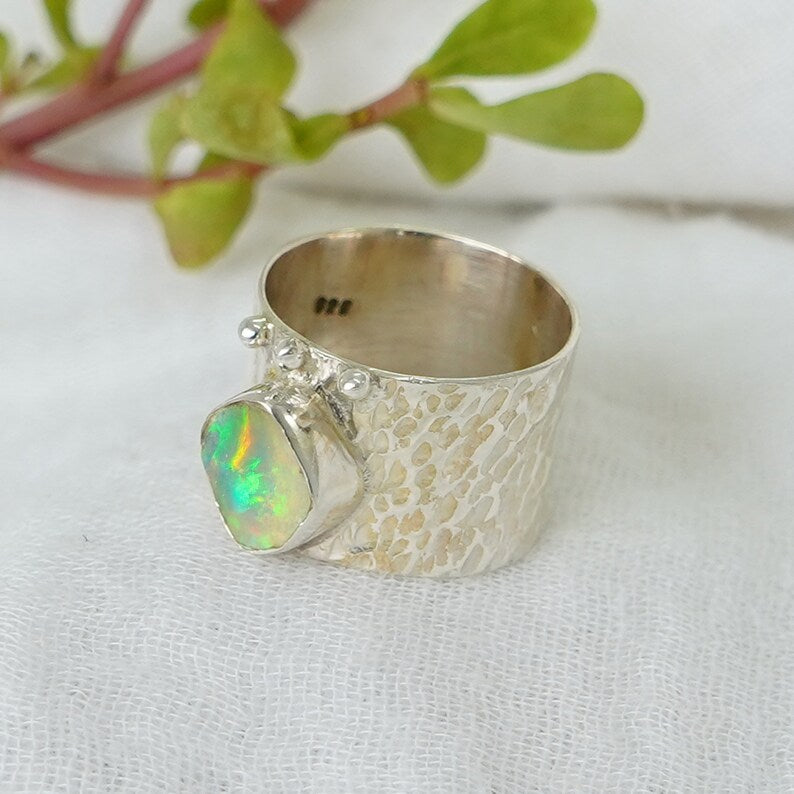 Raw Ethiopian Opal Ring: Sterling Silver Stacking Band, Boho Jewelry