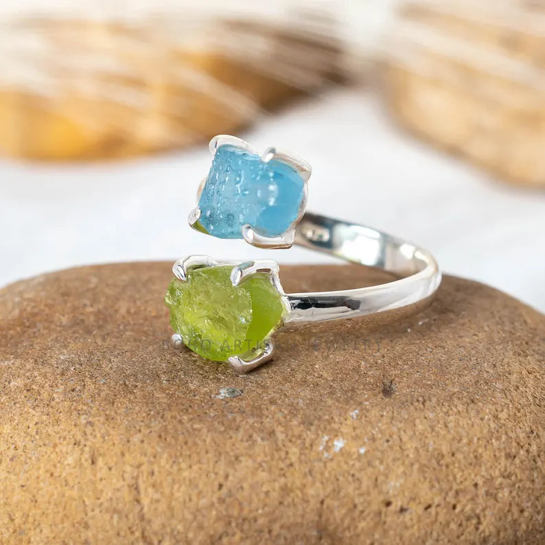 Raw Aquamarine Ring, Peridot Ring, Adjustable Sterling Silver Ring, Boho Birthstone Jewelry, Handmade Ring, March August Birthstone Gift