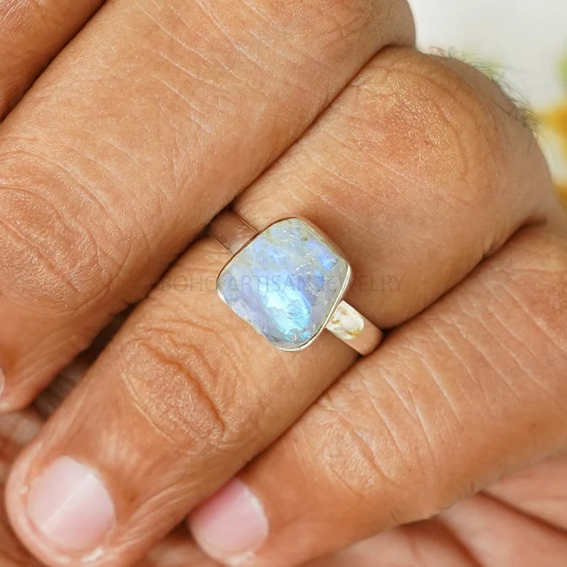 RAW Moonstone Ring, Crystal Stone Silver Jewelry, RHODIUM over Silver, Blue Fire Moonstone, Rough Stone, July Birthstone, Bestseller