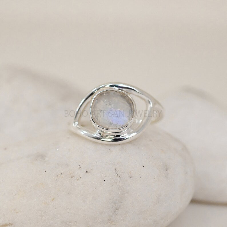 Evil Eye Moonstone Ring, Silver Handmade Ring, Moonstone Rose Cut Ring, Fire Moonstone, Rough Stone Jewelry, July Birthstone, Gift For Her