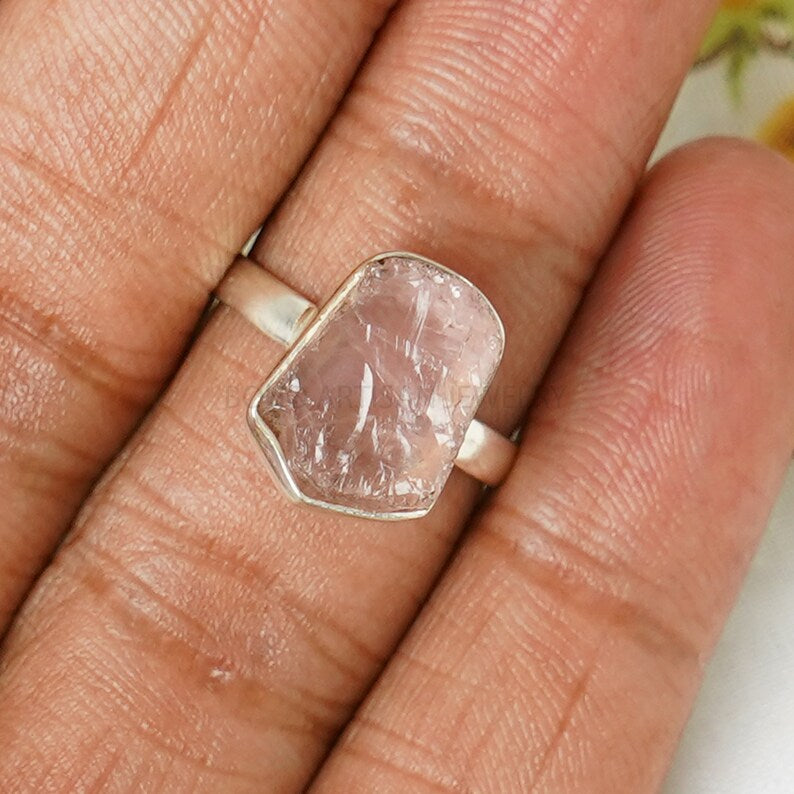 Raw Rose Quartz Ring: Sterling Silver Boho Ring, Healing Crystal