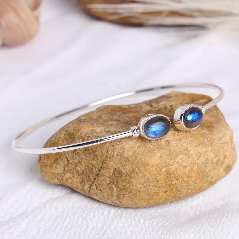 Handmade Sterling Silver Labradorite Cuff Bracelet: Adjustable Bangle