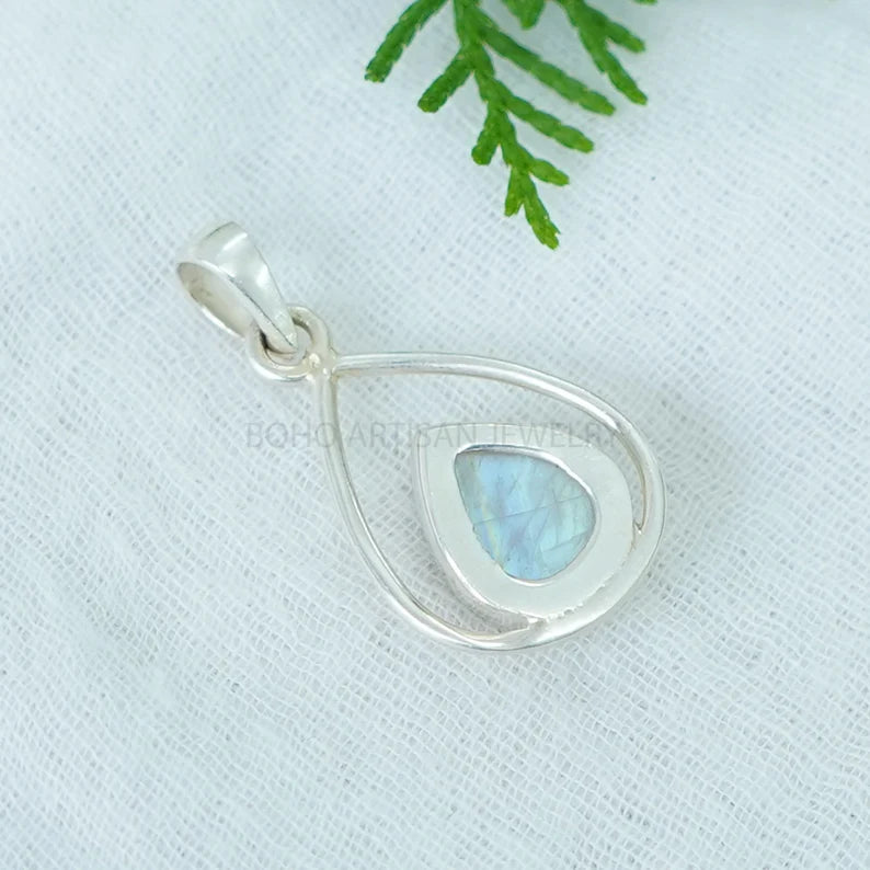 Raw Rainbow Moonstone Pendant: Sterling Silver Boho Necklace