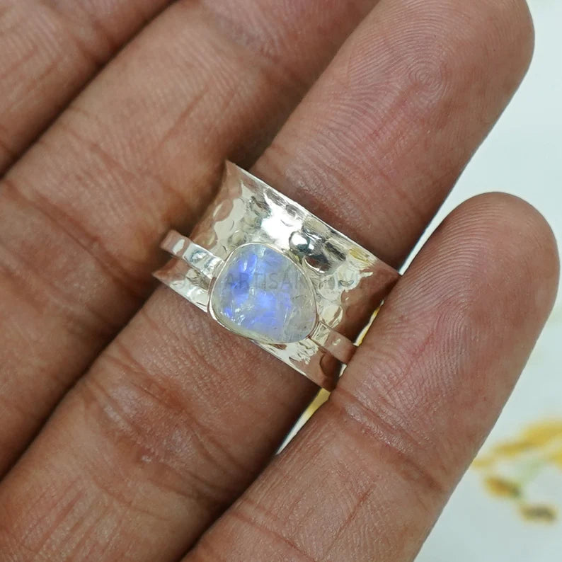 Raw Moonstone Spinner Ring: Hammered Sterling Silver Thumb Ring