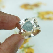 Raw Aquamarine Spinner Ring: Hammered Sterling Silver Band, Boho Crystal