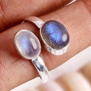 Toi et Moi Ring: Moonstone & Labradorite Sterling Silver Two Stone Ring