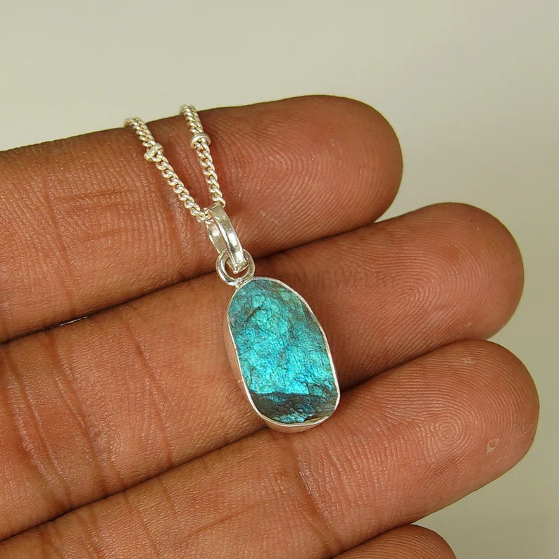 Raw Labradorite Pendant, Blue Labradorite Necklace, Raw Gemstone Jewelry, Handmade, Valentine's Day Gift, Healing Crystal, Gift For Her