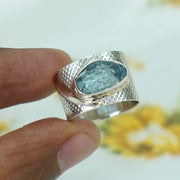 Raw Aquamarine Ring: Hammered Sterling Silver Textured Band